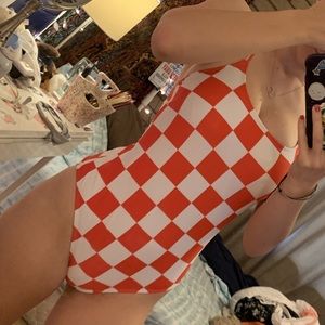 Red and white checkered swimsuit/rave bodysuit